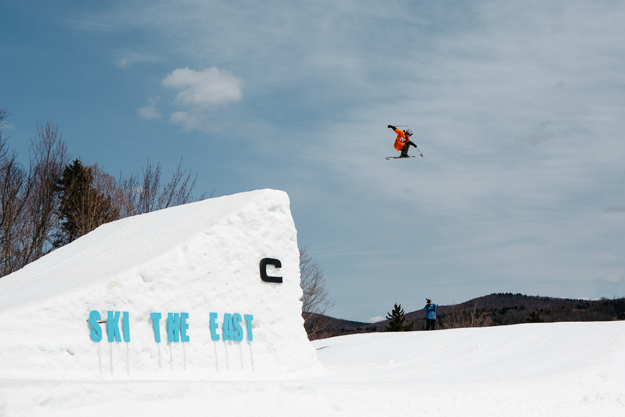 Lupe Hagearty in midflight while skiing at Vermont's Mount Snow