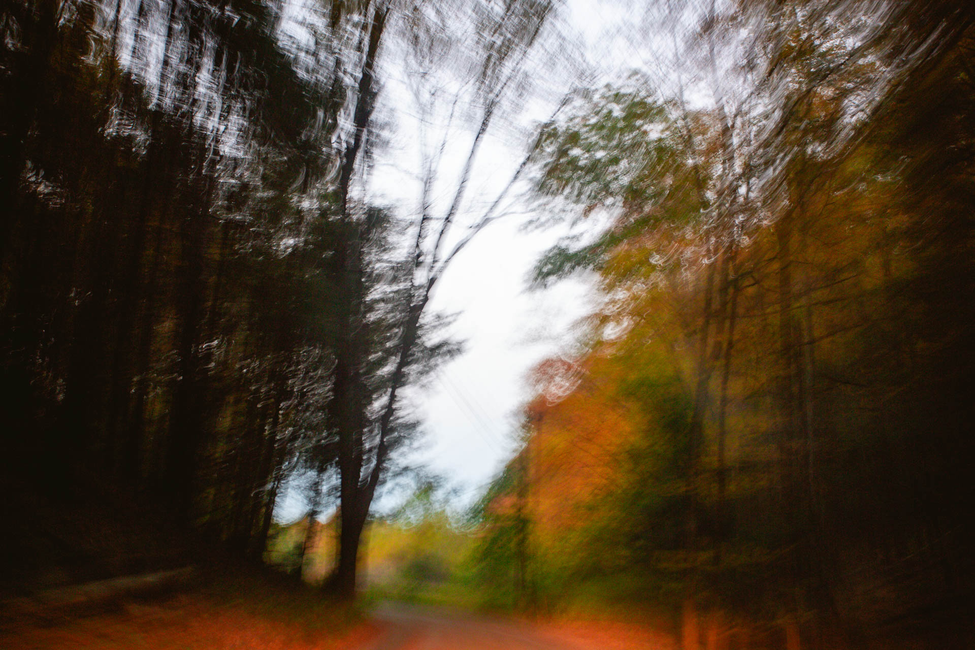 Slow shutter photograph taken while driving backroads in Massachusetts