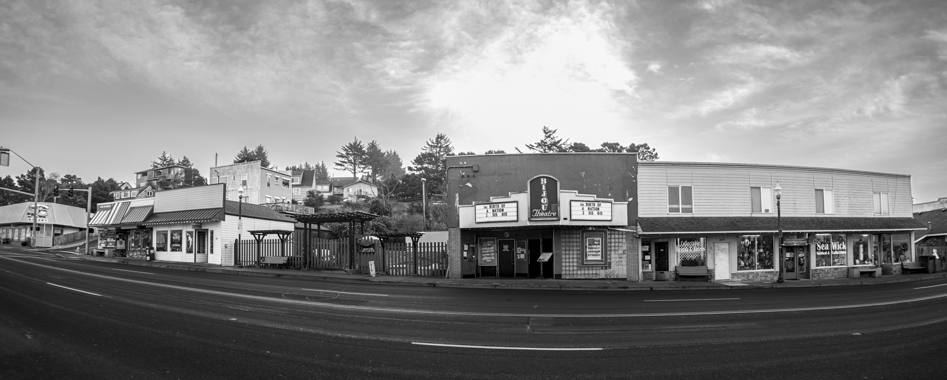 Panoramic of small downtown with theatre