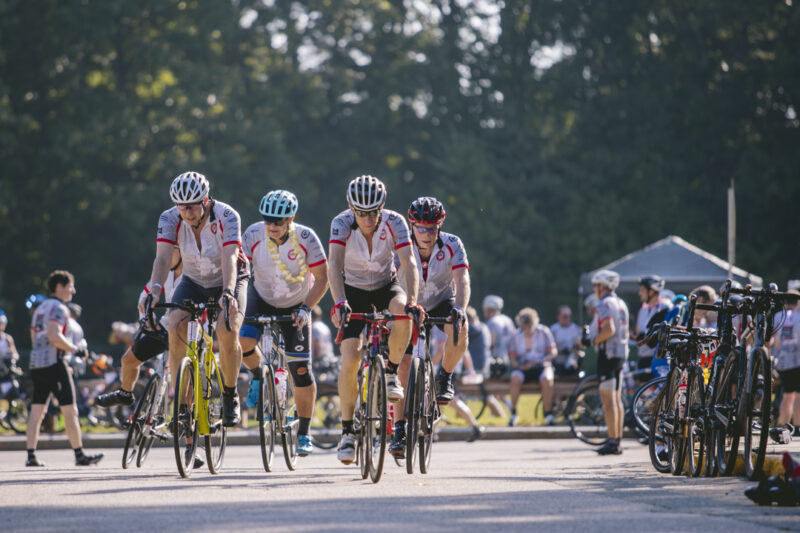 A group of cyclists ride in the Pan Mass Challenge 2022