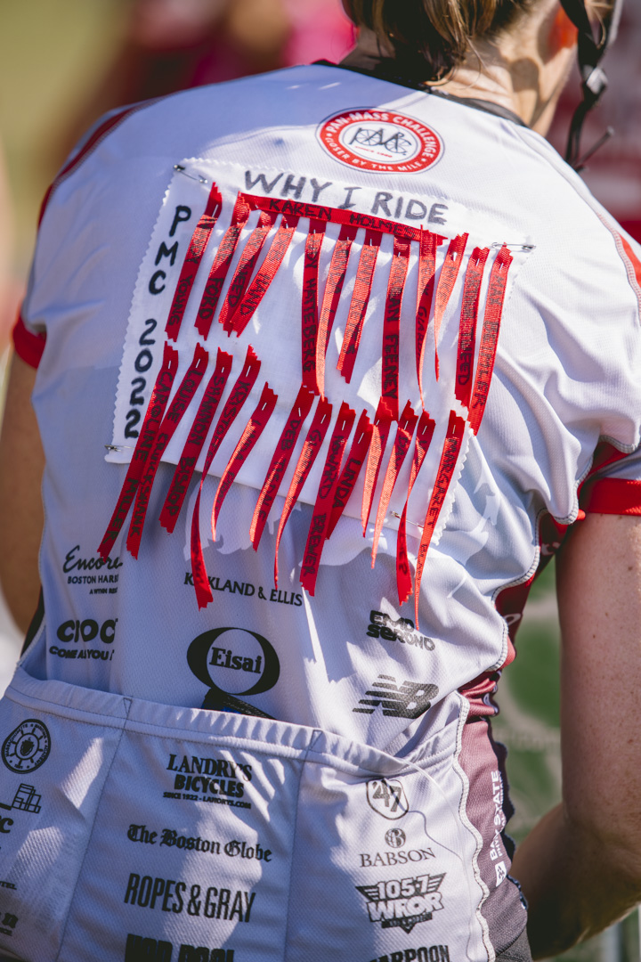 Ribbons of loved ones on a Pan Mass Challenge bike jersey
